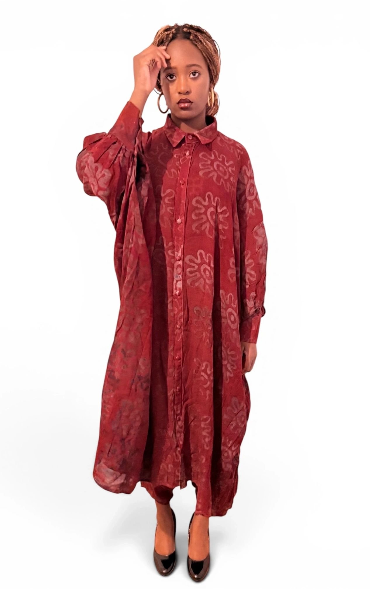 Adire Maxi Shirt Dress with Kembe Pant Set - Image 9