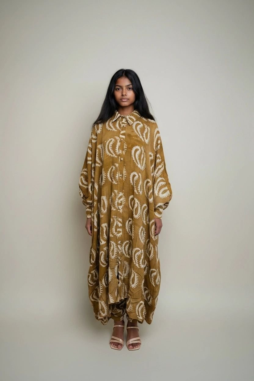 Adire Maxi Shirt Dress with Kembe Pant Set