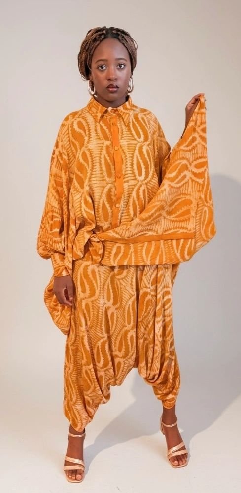 Adire Maxi Shirt Dress with Kembe Pant Set - Image 4