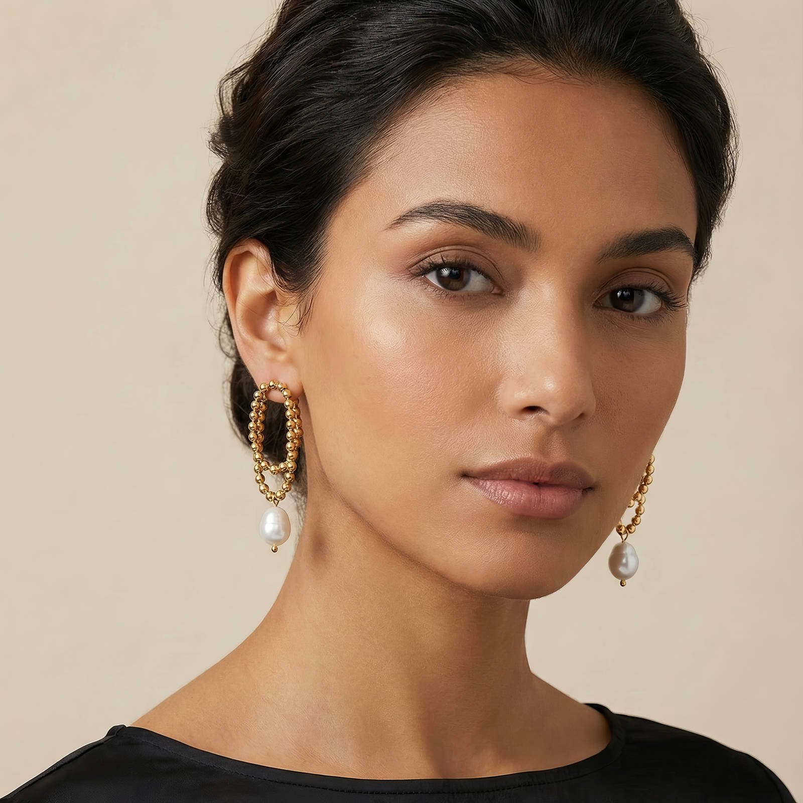 Golden Pearl Loop Earrings - Image 2